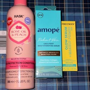 3 PC Beauty Bundle: Hask Rose Oil & Peach 12oz, Amope Leg Serum, Freeman Primer